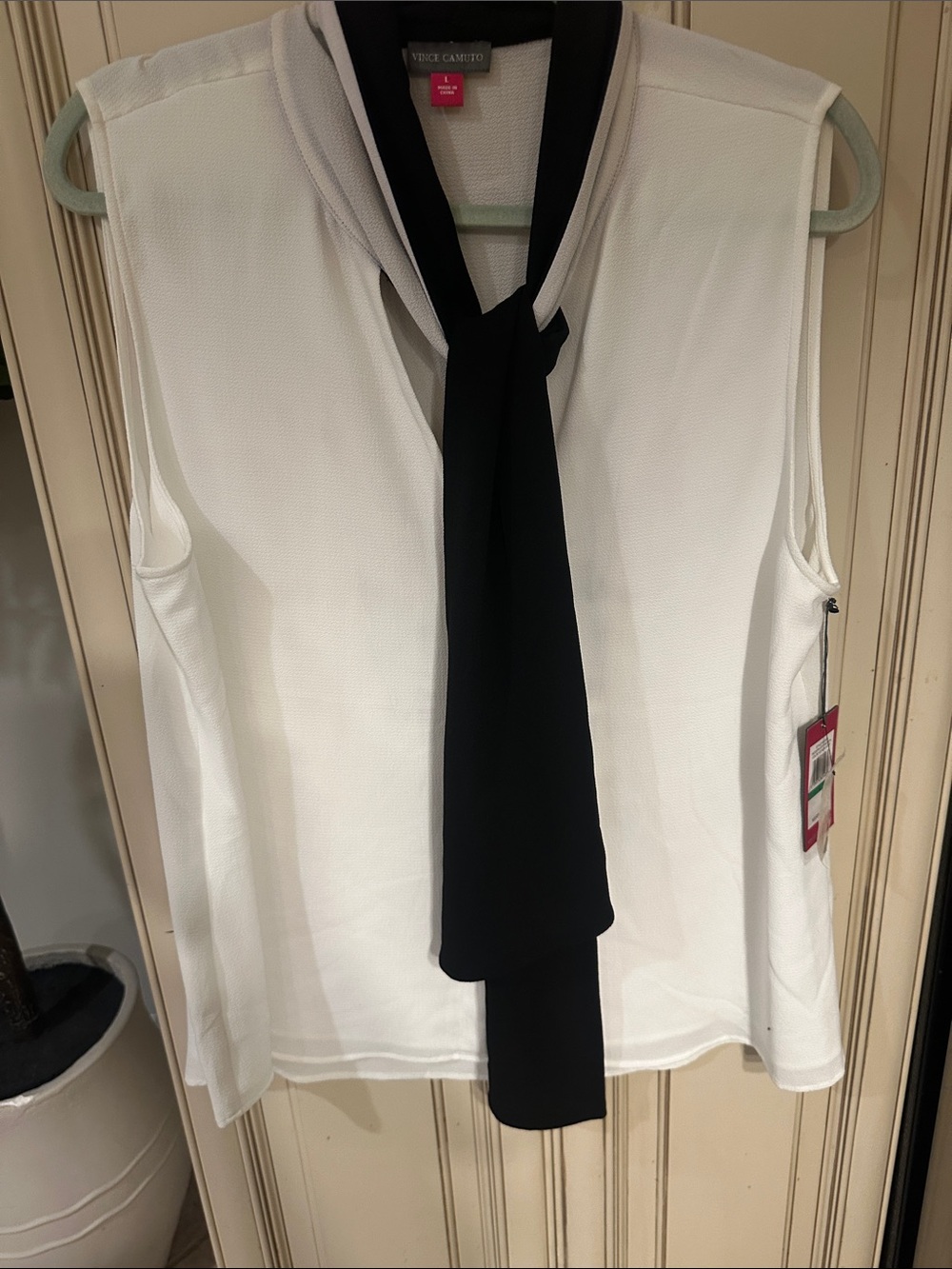 Vince Camuto White Sleeveless Blouse with Black Tie-Neck